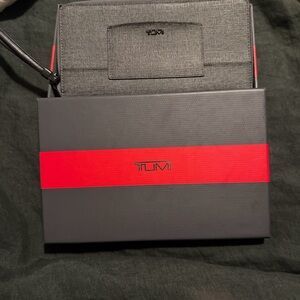 Tumi Dark Gray Leather Zip organizer with Silver Zip UNISEX